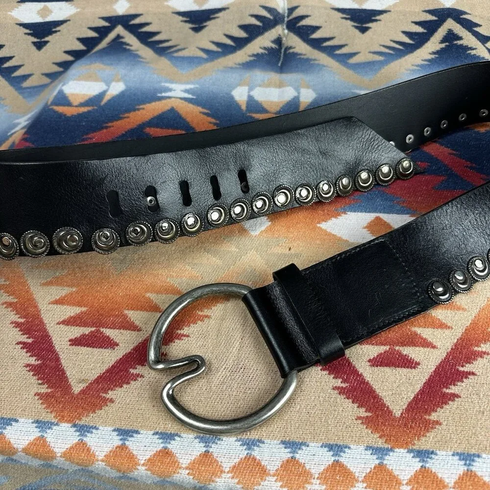 Brave Wide Leather Hip Belt Black Metal Medallions Canada Sz 38 Waist 37-41”